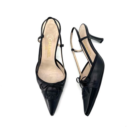 Vintage Chanel CC Logo Bow Black Leather Slingback Pointed Toe Pumps 38.5EU - Picture 3 of 8